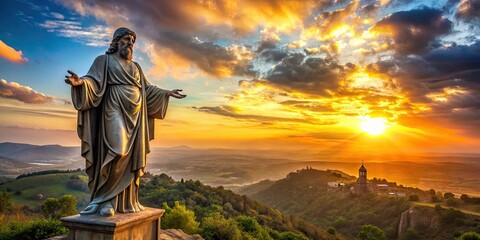 Obraz premium Majestic bronze statue dawn diffusion backlight amidst biblical landscapes