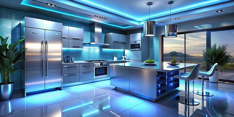 ultra-modern galley kitchen with futuristic appliances and sleek metallic accents set against a backdrop of icy blue walls and neon lighting effects