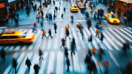 Obraz premium A busy city street with people and cars in motion, viewed from above, with a blurred effect.