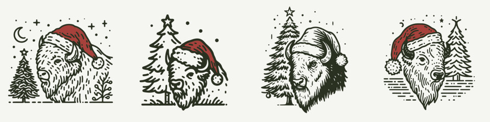Obraz premium Festive holiday illustrations featuring a playful character with a Santa hat amidst winter scenery and Christmas trees.