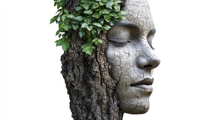 Fototapeta premium A Hyper-Realistic Human Face With Tree Growth, Set Against An Isolated White Background Showcasing Nature'S Blend With Humanity . Generative ai