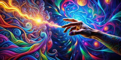 Obraz premium **Electric Dreams** Psychedelic colors, swirling patterns, and abstract shapes evoke a sense of euphoria, as a hand reaches out to grab a glowing joint, transporting the viewer to an alternate reality