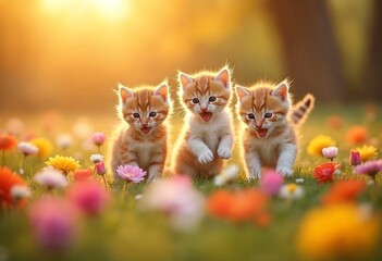 Playful kittens frolicking in a vibrant garden of blooming flowers during golden hour, creating a tender and cheerful atmosphere