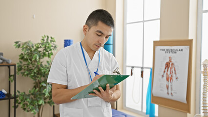 A young hispanic man in medical attire examines a clipboard in a brightly lit clinic room, implying healthcare professionalism.