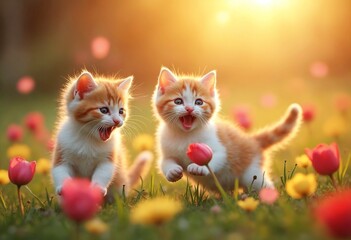 Playful kittens frolicking in a vibrant garden of blooming flowers during golden hour, creating a...