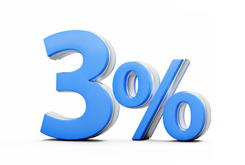 Vibrant Blue 3% Three Percent Sign With Sleek Metallic Gleam On White Background 3D Illustration