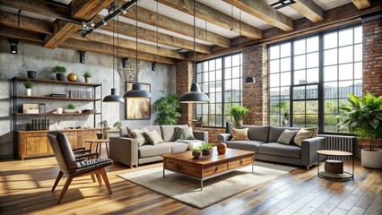 Fototapeta premium refurbished industrial loft with reclaimed metal accents, wooden beams, and natural light, airy mood, minimalist composition, earthy tones, modern chic