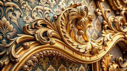 Winglet fragment encased in ornate antique frame, surrounded by lavish Baroque patterns, exuding opulence and sophistication, shot with delicate macro focus and muted gold tones.