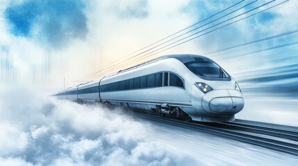 Fototapeta premium High Speed Train Through Clouds with Blurred City Skyline