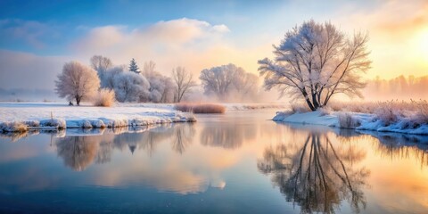 Frozen Morning Solitude serene winter landscapes with soft muted colors, misty atmosphere, and icy textures, evoking feelings of calmness and solitude, using Nikon DSLR.