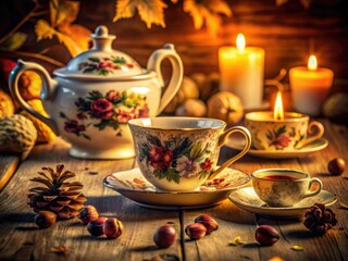 warm candlelight flickers across a vintage tea set adorned with hand-painted florals and nestled among fallen acorns