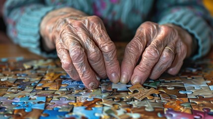 old woman's hands are putting together a puzzle