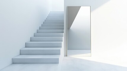 Obraz premium A Staircase Leading Into A Mirror Against An Isolated White Background Creating A Hyper-Realistic Visual Experience . Generative ai