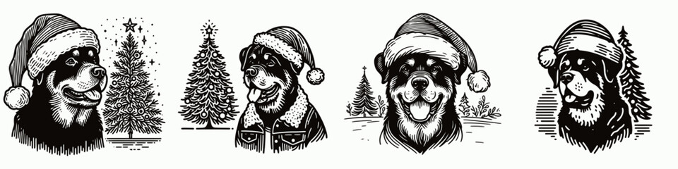 Festive illustrations of dogs in Santa hats surrounded by Christmas trees, perfect for holiday-themed designs and decorations.