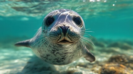 Fototapeta premium A curious seal swimming underwater, showcasing its playful nature.