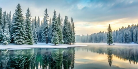 Fototapeta premium snowy winter landscape minimalist pattern lush green pine trees frozen lake serene silence early morning softbox lighting muted color palette natural simplicity