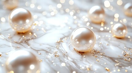 White Pearls on Marble with Gold Glitter and Bokeh Lights