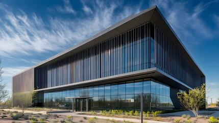 Fototapeta premium Modern Office Building with Glass Facade and Metal Accents
