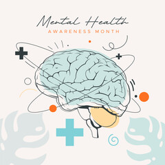 Mental Health Awareness Month. Take care of your body, take care of your health and mind. Increase awareness of mental health. Control and protection. Prevention campaign