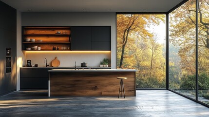 Fototapeta premium Modern Kitchen Interior with Large Windows Generative AI