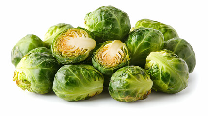 Fototapeta premium Photo of Fresh Brussels Sprouts, Whole and Halved, on White Background