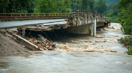 Collapsed bridge over a raging river after a flood, showing severe structural damage and erosion.