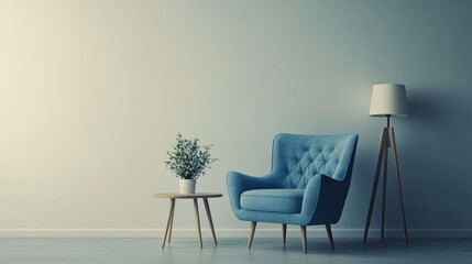 A blue armchair, table, and lamp are in a simple room. The background is a plain color, making the furniture stand out.