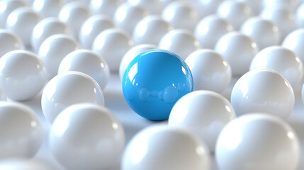 A blue leader ball stands out against a group of white balls, representing the idea of leadership.  This is a 3D image.