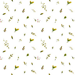 Seamless pattern with green leaves. Watercolor print on white background, colorful illustration.
