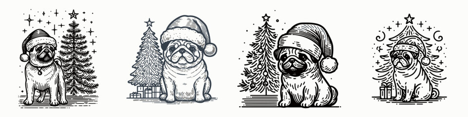 Festive pug illustrations featuring Christmas trees and holiday hats, perfect for seasonal decorations and greeting cards.
