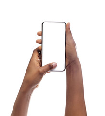 African American Girl Using Phone With Blank Screen, Closeup. Isolated On White Studio Background. Copy Space