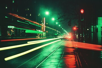 Night City Street Scene with Green and Red Lights Incorporating Motion Blur to Capture Dynamic Energy, Featuring Analog Grainy Texture and Vivid Colors to Evoke Atmospheric Nostalgia of Vintage