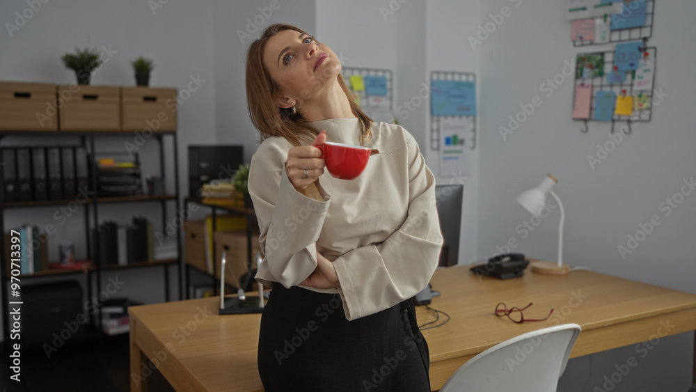 Wall mural A young attractive blonde woman in an office, holding a red cup, with files and office supplies on a desk and a shelf in an indoor workplace setting.