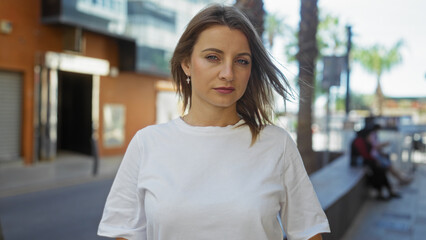 Attractive young blonde woman in a white shirt standing on a city street in an urban setting during the daytime.