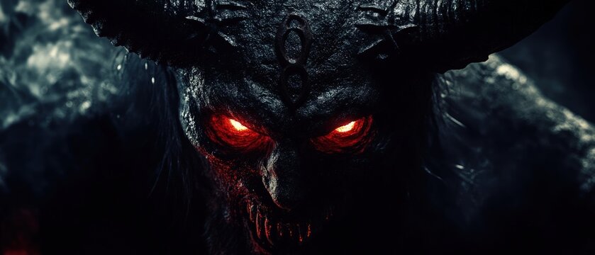 Illustration of Satan with brutal element on a Dark Background, Featuring Ominous and Dramatic Imagery to Evoke a Sinister and Foreboding Atmosphere