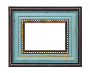 Turquoise blue and brown wooden picture frame with blank space, isolated on white background