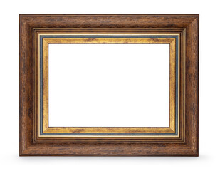 Empty classic brown picture frame with golden details is standing on white background, isolated on...