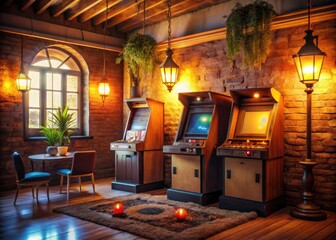 Rustic nostalgic arcade game setup with classic play button amidst retro posters and vintage gaming consoles with warm golden lighting.