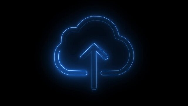 neon line glowing cyan color upload cloud icon animation on black background. 4k video.