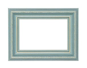Empty turquoise blue vintage wooden frame with ornaments isolated on white background