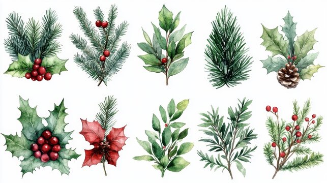 Watercolor Winter Foliage and Holly Elements Generative AI