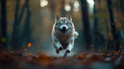 Obraz premium A joyful wolf runs through a misty forest, surrounded by autumn leaves, conveying a sense of freedom and adventure.