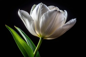 Fototapeta premium Glossy white tulip petals unfolding like a celestial star against a pitch-black canvas radiating elegance and poise in high-contrast monochrome