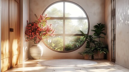 Beautiful entryway with flower pots, round mirror and sliding doors, in warm tone style, beautiful and cozy interior design. Generative AI.