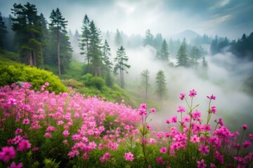 Fototapeta premium Delicate pink wildflowers amidst gray misty mountains and foggy forests evoke eerie mystical atmosphere in soft diffused overcast light with subtle mist.
