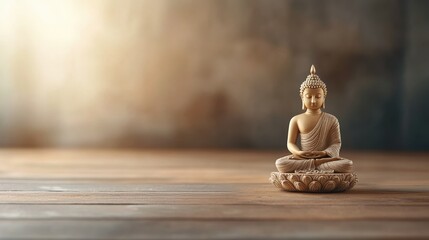 A serene Buddha statue on a wooden surface, bathed in soft light, symbolizing peace, tranquility, and mindfulness.