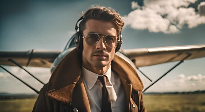 Male airplane pilot with aviator glasses.
