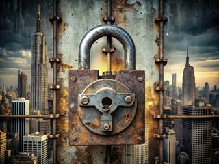 Industrial-style lock mechanism merged with a distressed, urban logo, set against a gritty, cityscape backdrop, conveying edginess and rebellion.