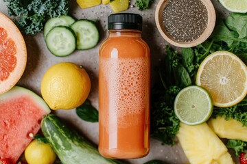 a 200 ml Bottle of Organic Weight Loss Juice Surrounded by Fresh, Vibrant Ingredients Including Green Tea Leaves, Grapefruit, Cayenne Pepper, and More, Captured with High-End Food Photography