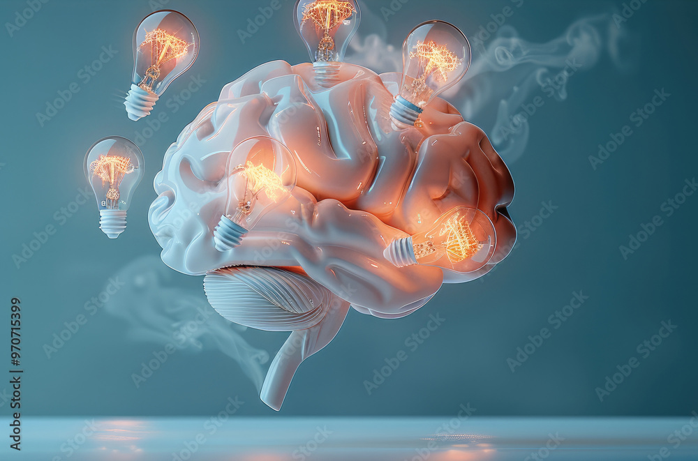 Aufkleber A glowing brain with light bulbs floating around, each symbolizing a new idea, vibrant and dynamic. Generative AI.